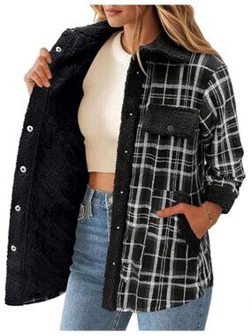 Womens Flannel Jacket Sherpa Lined Shacket Plaid Fleece Button Down Coat